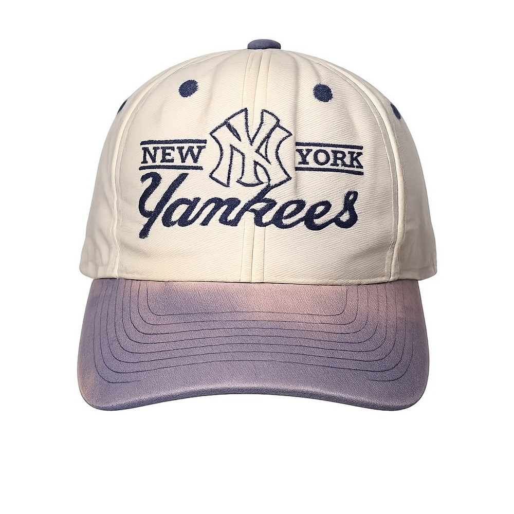 VTG Mohrs New York Yankees Hat Snapback Cap Cream Navy Blue Distressed Sun Fade